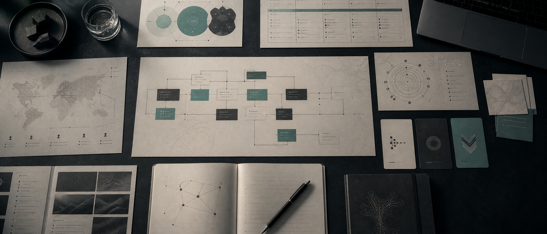 Top-down marketing strategy table with audience maps, campaign architecture and planning materials