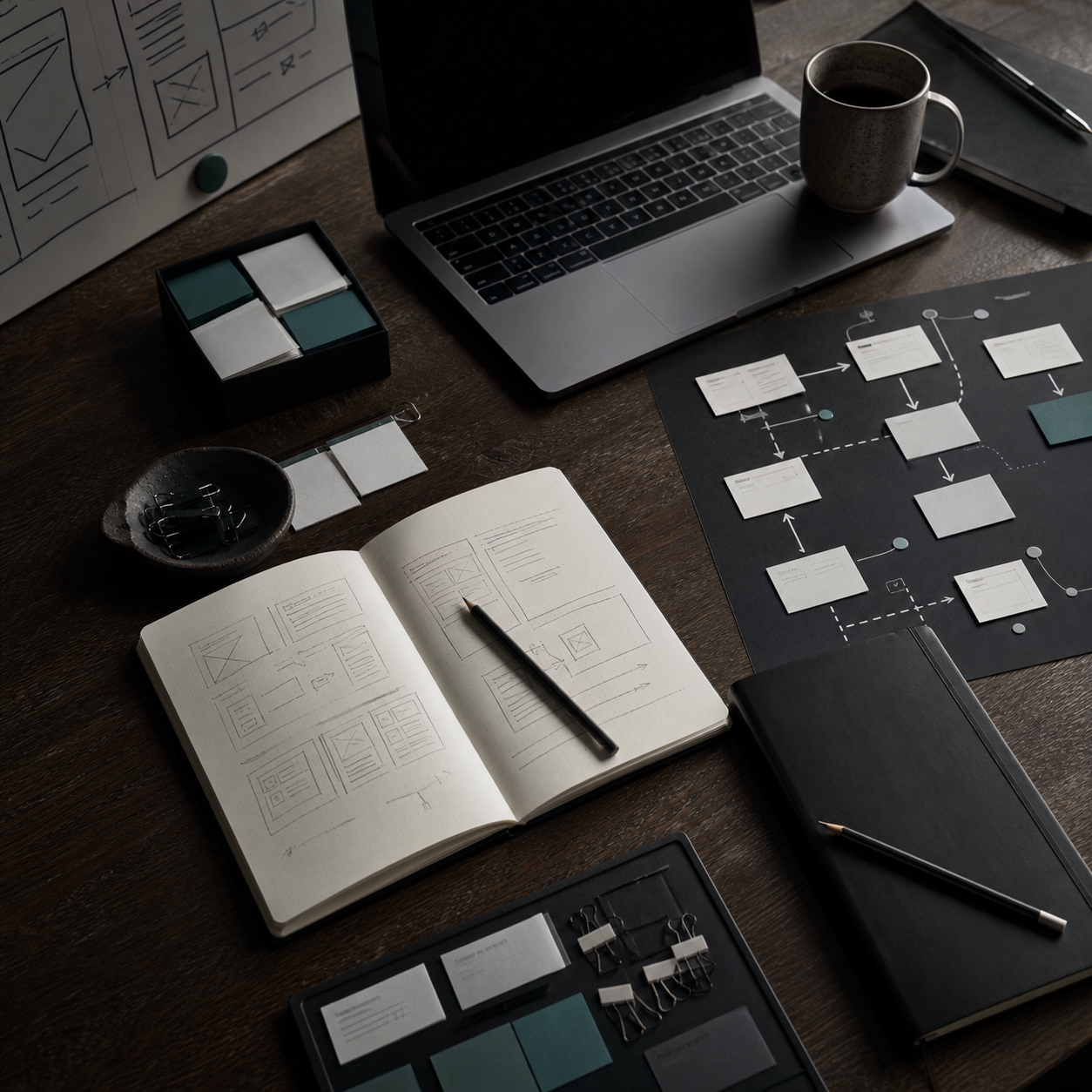 Dark workshop table arranged with a laptop, notebooks, planning cards and collaborative workflow materials
